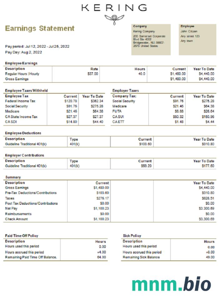 USA Kering luxury goods company pay stub
